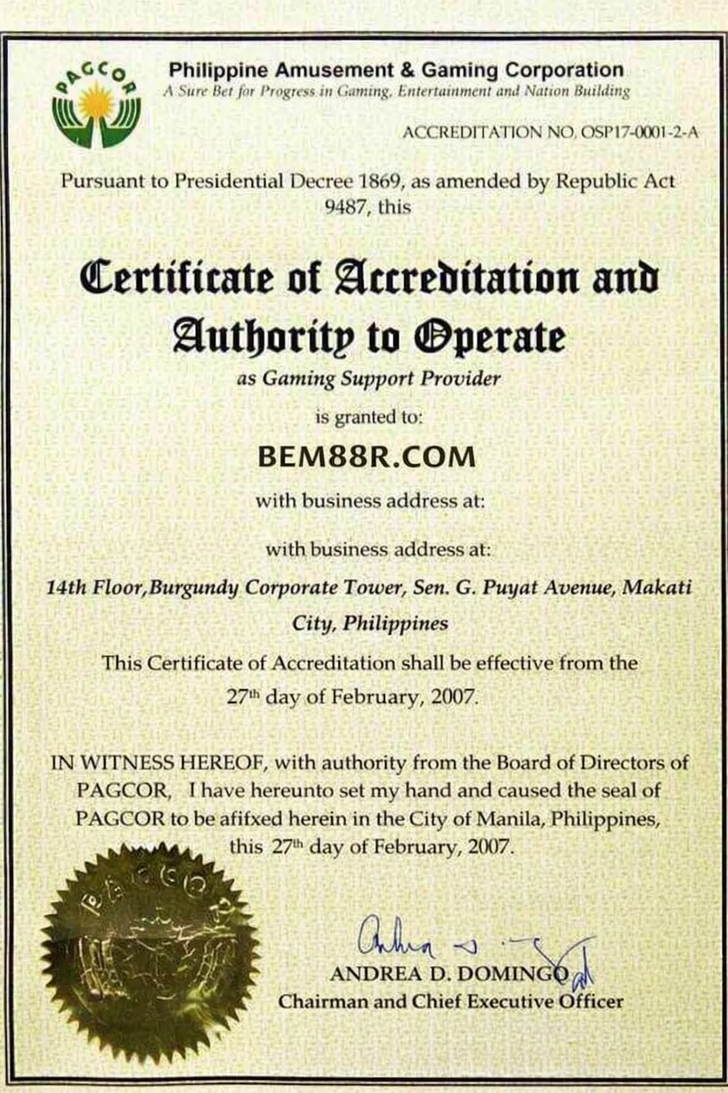 Giấy phép hoạt động bem88